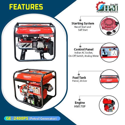 2KVA Portable Generator, Model GE-2400PS, Petrol Run, Long Life